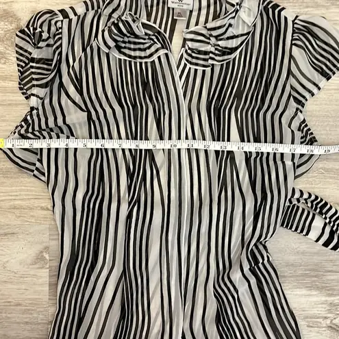 Worthington Sheer Black & White Short Sleeve Button Down Ruffled Collar Top PL