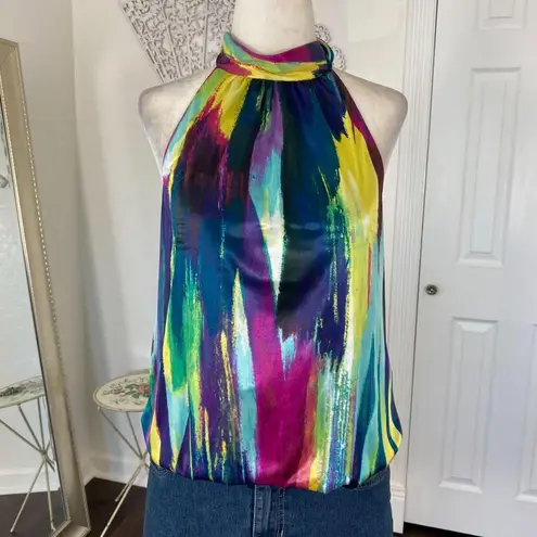 BCX Early 2000's Cinched Multi Colorful Satin High Neck Tie Halter Top L