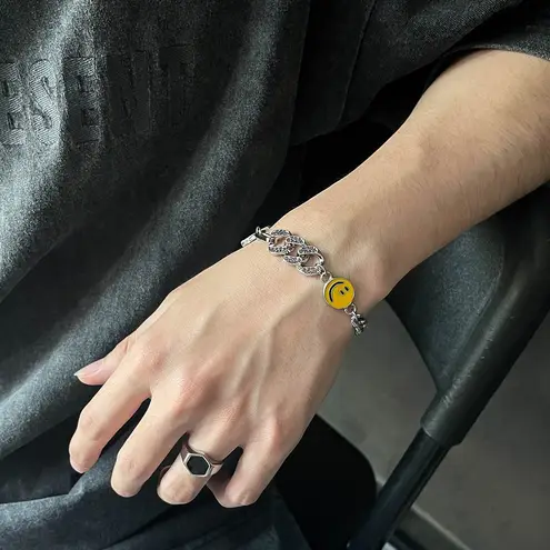 Titanium Steel Planet Smiley Face Charm Bracelet for Men Women Punk Hip Hop Silver