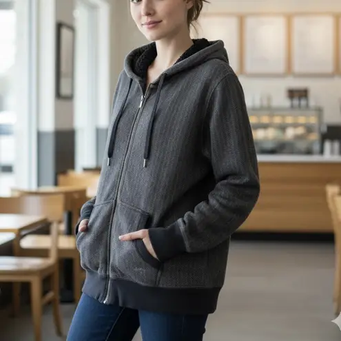 LL Bean 1912 Sweatshirt Sherpa Lined Full Zip Hoodie Pockets LARGE PETITE Gray Size undefined