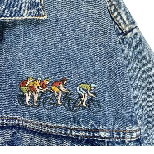 London Fog Vintage Bicycle Embroidered Denim Trucker Jean Jacket Size Large