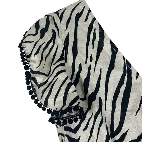 NWT INC 100% Linen Romper Size S Black Cream Zebra Print V