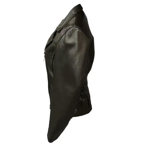 Leather King Braided Detail Sexy Fitted Black Leather Motorcycle Jacket Size S