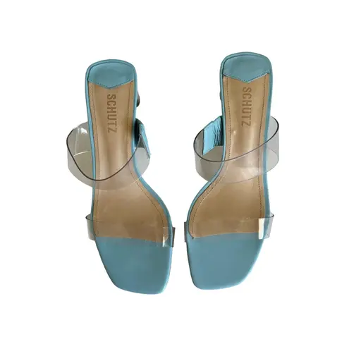 Schutz Ariella Blue and Clear Acrylic Mid Sandals Size 8.5