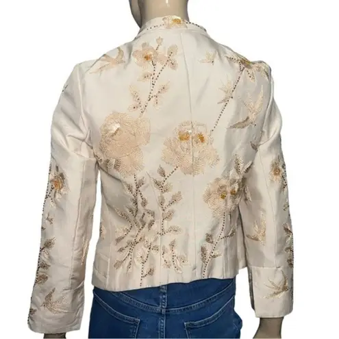 Tracy Reese New York Size 8 Tan Beige Embroidered Beaded Embellished Silk Jacket