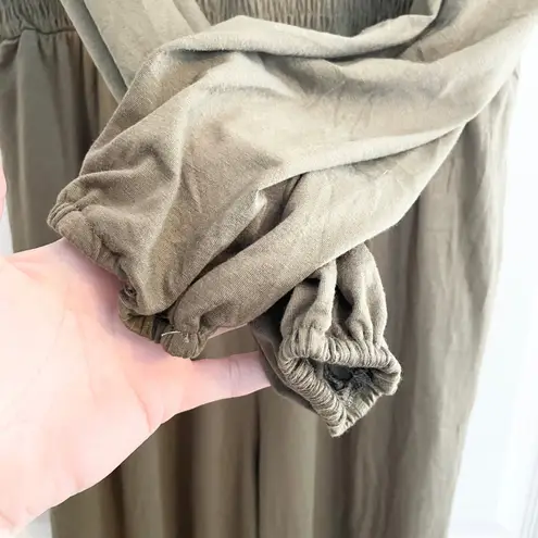 Long Sleeve Jumpsuit Smocked Waist V Neck Olive Green Casual Size M Cozy Boho Size M