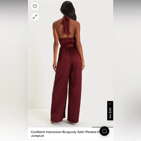 Lulu’s Confident Impression Burgundy Satin Pleated Halter Jumpsuit Size M