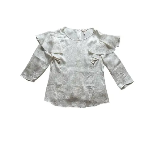 Rebecca Taylor Silk Blouse Womens 4 Cream Ruffle Textured Long Sleeve V-neck Top