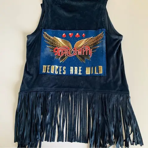 Via Penny Lane Reworked Apparel | Aerosmith Vegas Tour Navy Suede Fringe Vest XS Blue