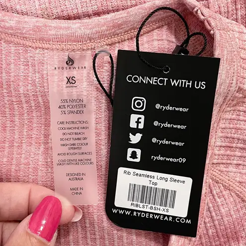 Ryderwear Pink White Heathered Ribbed Seamless Long Sleeve Cropped Top NWT XS