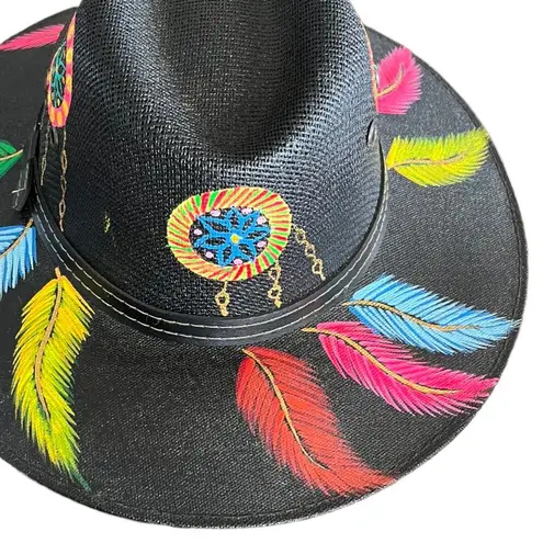 HAT MEXICAN Artisanal Hand Painted Fedora Floral Sombrero Panama Bohemian Black