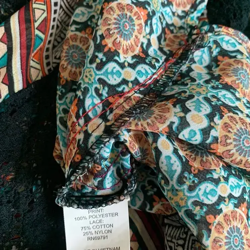 Fig & Flower Womens Size Medium Multicolor Bohemian Print Sheer Blouse Top