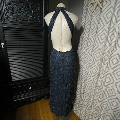 90s Y2K Andretta Donatello Silk beaded halter Open Back maxi prom dress gown L Gray Size L