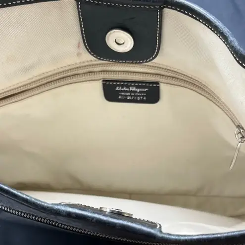 Salvatore Ferragamo Ivory Canvas Black Leather Shoulder Bag Vintage