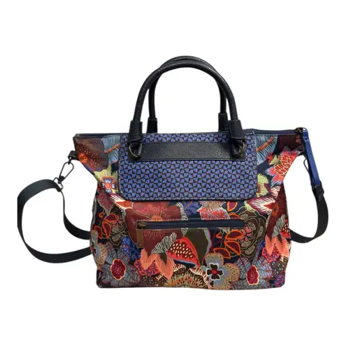 Oilily Floral Print Tote Bag Mixed Pattern Top Handle Crossbody Multicolor 12x11 Blue