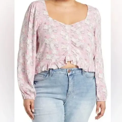 Abound NEW NWT  Cinched Floral Blouse Pink Cream Blue Long Sleeve Crop Top Medium