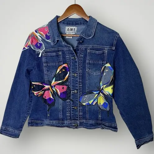 Vintage Y2K Butterfly Denim Jacket Large Embroidered Jean Blue