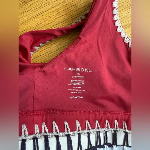 Carbon38 La Plage Crochet Banded Sports Bra, Red/Nude/Silver, Sz XS Red