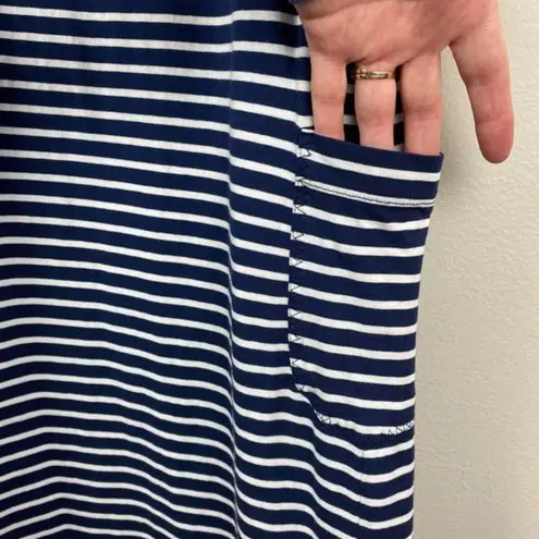 Toad & Co Muse Dress S Midi Stripe Navy Blue White Scrunch Ruche Tie Side V-Neck