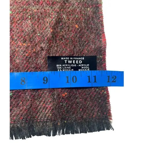 Tweed Plaid Scarf Wool Mohair Blend Fringe Red Green Brown Made in France