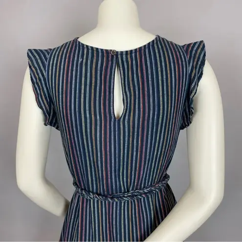 Marine layer Dress Laney Linen Mini Navy Rainbow Stripe Size Small Braided Belt