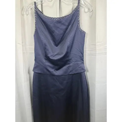 Belsoie Dress Womens 10 Navy Beaded Spaghetti Strap Formal Gown Satin Evening Blue