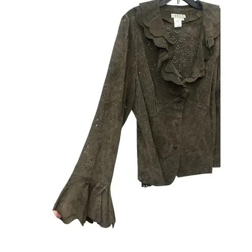 Coldwater Creek Suede Leather Jacket Size 2X Eyelet Ruffle Neck Y2K Boho Green