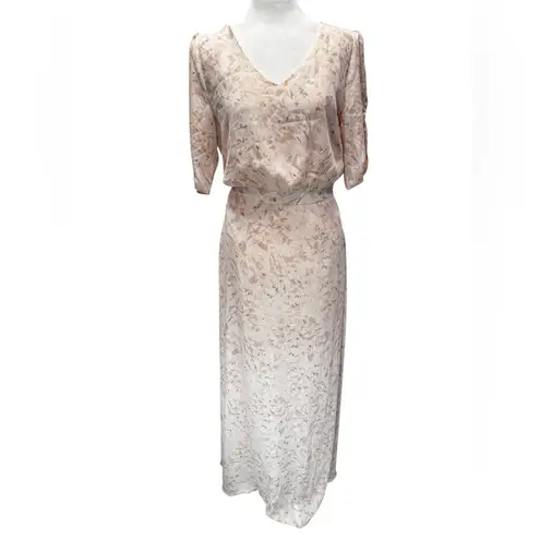 Papier Pale Peach & Beige Muted Floral Maxi Dress Ruched Short Sleeves ModCloth Size 4