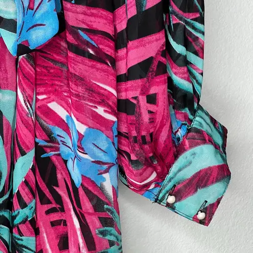 ACEVOG Floral Tropical Sheer Maxi Long Sleeve Dress XXL Blue