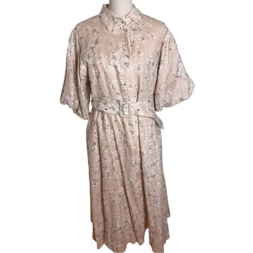 We Are Kindred Isobel Linen Button Down Belted Shirt Dress in blush floral 10 White