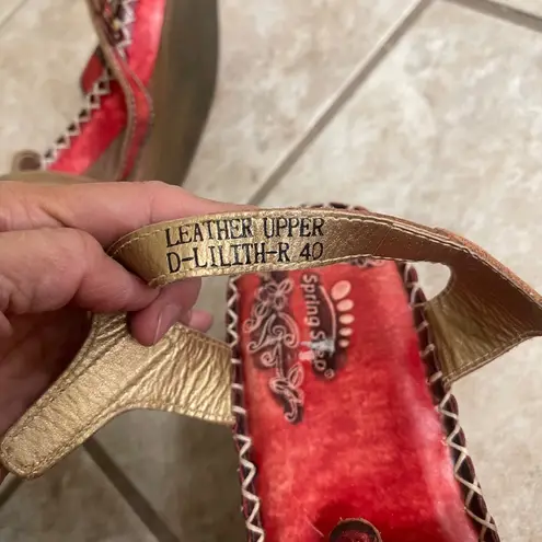 Spring Step Red Leather Floral Wedge Sandals D-Lilith Women's Size 40 USA Sz 9