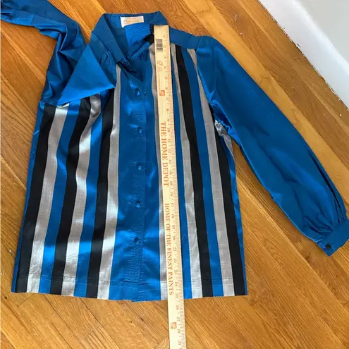 Vintage 1960S Thai Silk Blouse By Fair Lady Bangkok Blue Silver Stripe Medium