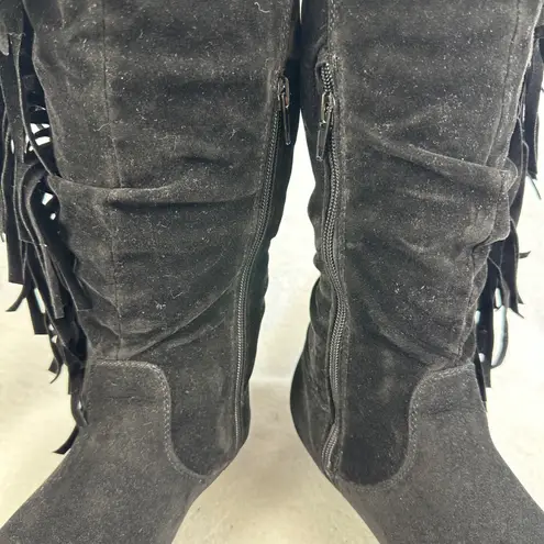 Black Suede Leather Fringe Slouch Boots Womens 6 Boho Western Festival Style