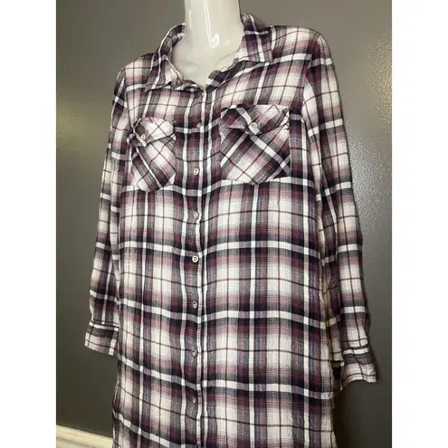 Indigo Thread Co Shirt Womens Medium Burgundy White Plaid Button Front Tunic Red