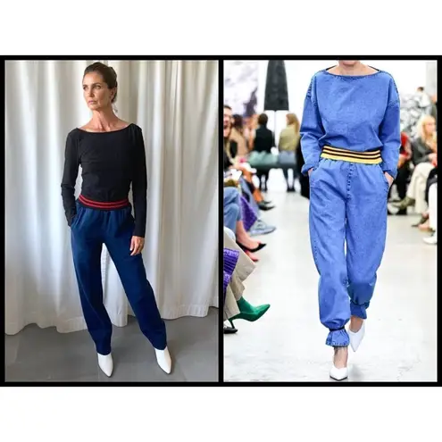 Rachel Comey ππ Doxa Pant Striped Elastic Waist Acid Wash Denim Navy Large NWT