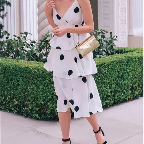 O.P.T. White and Black Polka Dot Tiered Midi Dress