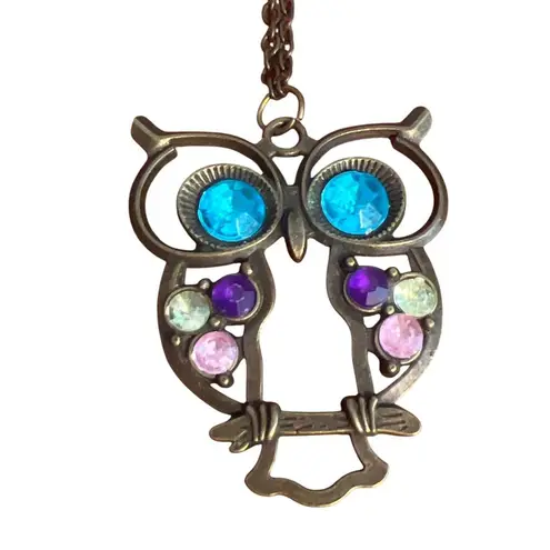 Vintage Owl Pendant Necklace Multicolor Gemstones Brass Tone No Clasp 26" Chain