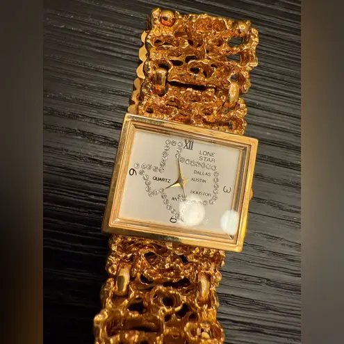 Vintage Gold Watch State of Texas Watch Face Square Bracelet Tawaiian White