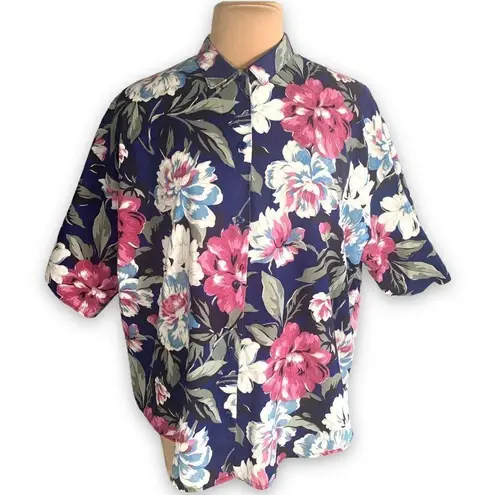 Vintage Randi Shirt Blue Pink Flower Detail Button Up Short Sleeve Collared Size XXL