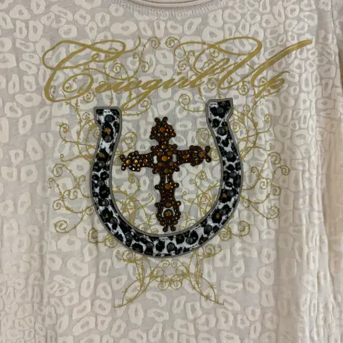 Cowgirl Up Vintage Y2K Beige Cheetah Semi Sheer Horseshoe Cross Graphic Tee