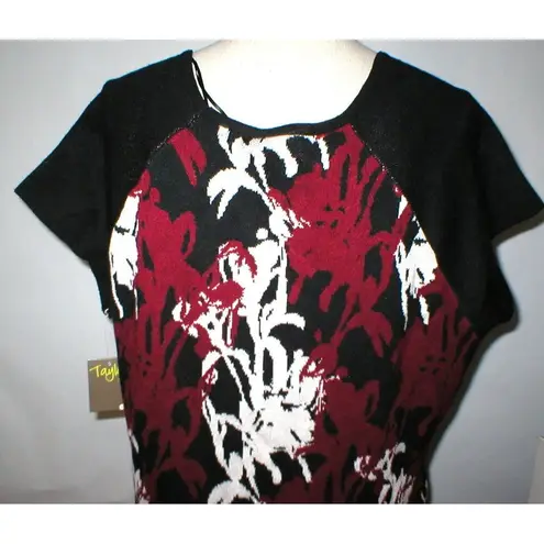 New Womens NWT Taylor Dress 2X Plus Sweater Black White Dark Red Soft Flowers