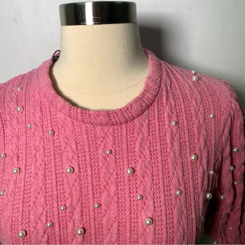 ZARA  cable knit pink short sleeve sweater pearls detail size Small