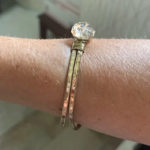 None Gold Tone Hammered Metal Adjustable Bangle Wire Bracelet Crystal Boho Chic