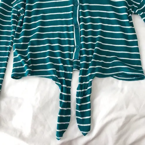 Good Luck Gem New Tie Hem Striped Top Button Down Long Sleeve Thermal Knit Teal
