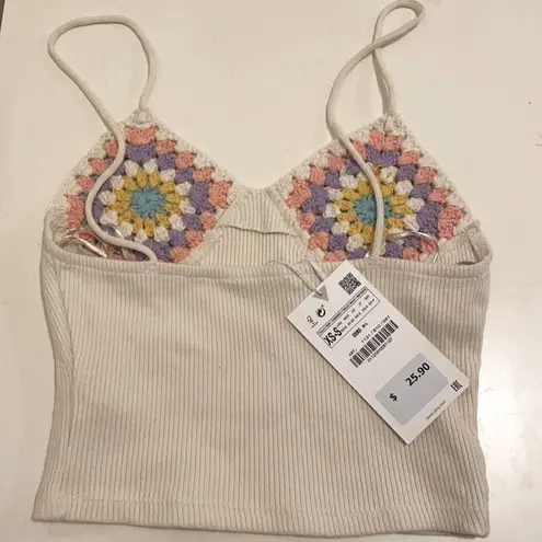 ZARA  Granny Square Crochet Ribbed Knit Cropped Camisole, women’s XS/S. Cream NWT