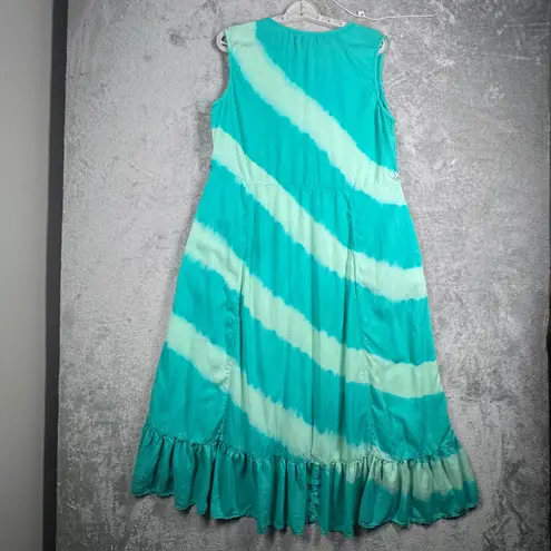 April Cornell Dress L Green Aqua Tie Dye Striped Ruffle Maxi Resort Beach Boho Size L