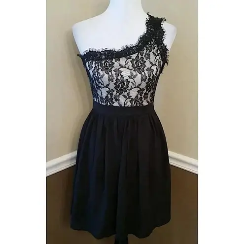 Doe & Rae Black Lace & Ivory Fringe One Shoulder Short Party Dress by Whimsigoth