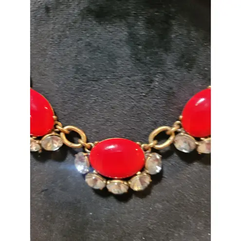 Stella & Dot Womens Statement Necklace Red Oval Gemstones With Clear Crystals By