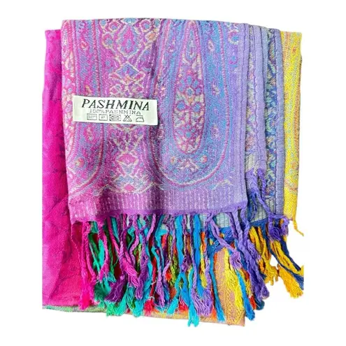 Pashmina Pashima Vibrant Multicolor Fringe Scarf Long 100% Pashima