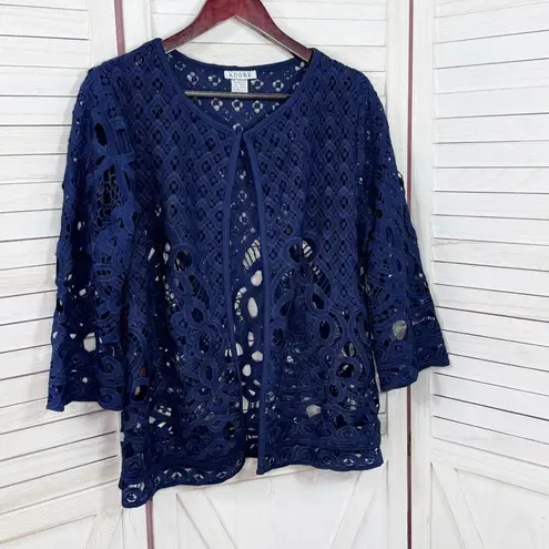 Adore Open Eyelet Lace Topper Cardigan Jacket Navy Blue Medium